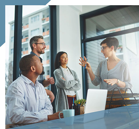 Colleagues meeting, focused on woman talking